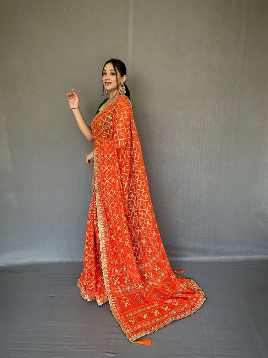 Tangerine Pure Silk Bandhani Saree with Gota Work and Embroidered Blouse