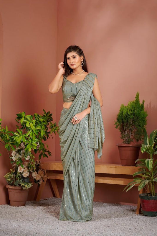 Soft Grey Ready-to-Wear Sprangle Fabric Saree with Luxurious Feel and Sparkle Detail