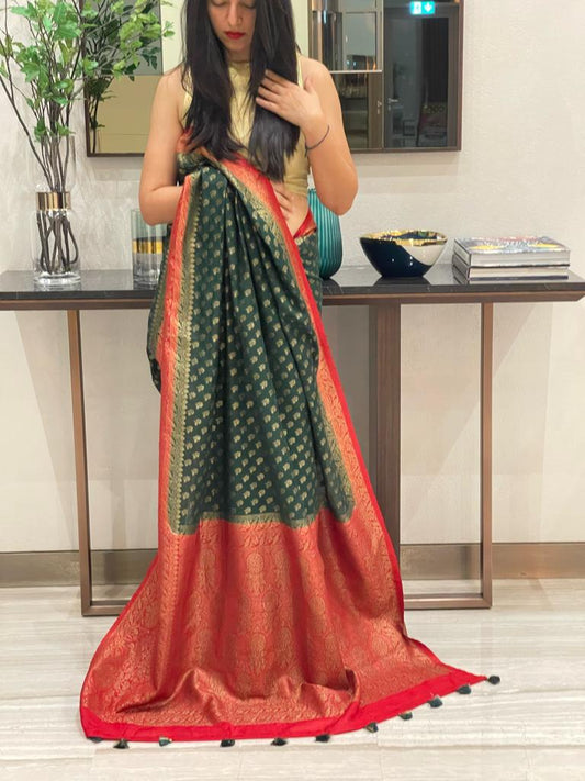 Vermilion and Emerald Banarsi Silk Saree with Zari Work and Contrasting Pallu