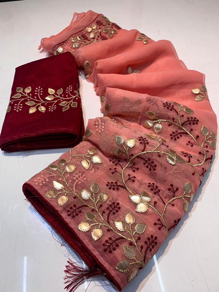 Coral Blush Shimmer Chiffon Saree with Gotta Patti Embroidery and Maroon Embroidered Blouse