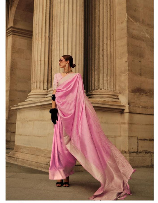 Pastel Pink Handwoven Satin Silk Saree with Tasseled Pallu and Contrasting Borders