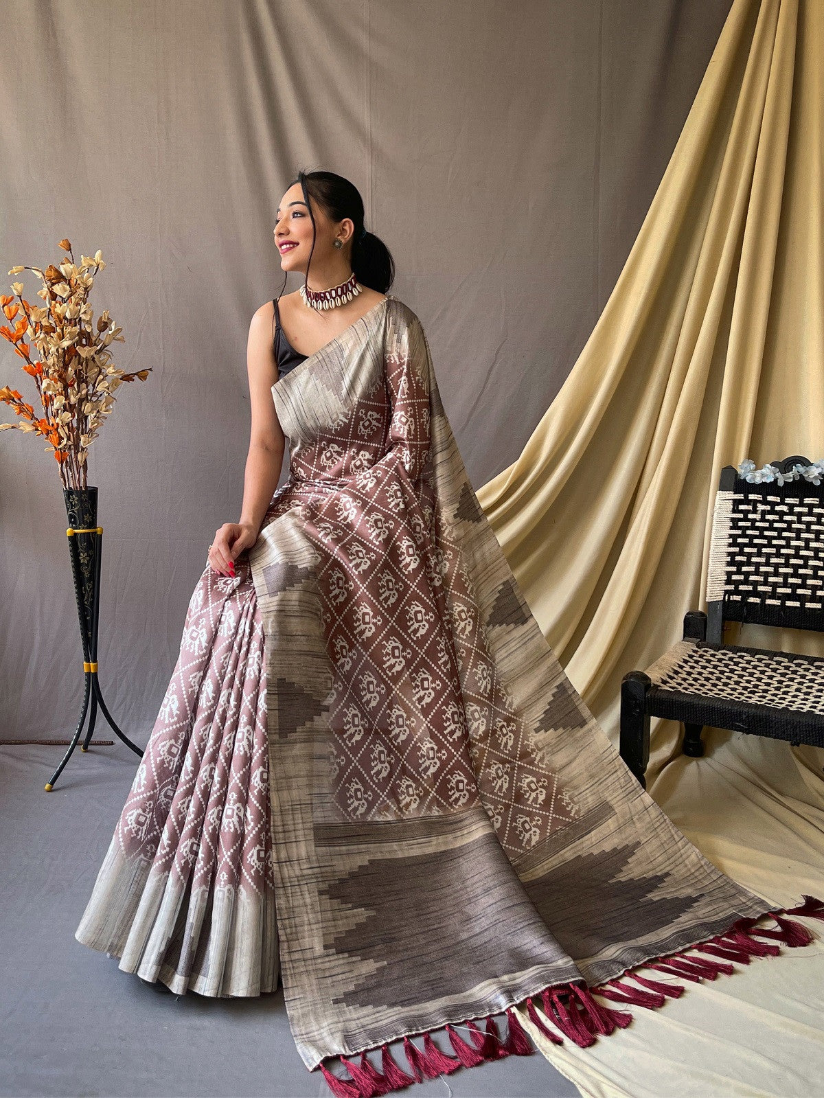 Taupe and Burgundy Patola Cotton Silk Saree with Temple Woven Intricate Print