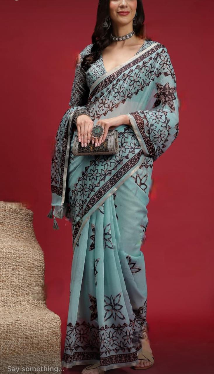Sky Blue Chanderi Cotton Saree with Floral Border Print | Casual & Festive Wear Saree