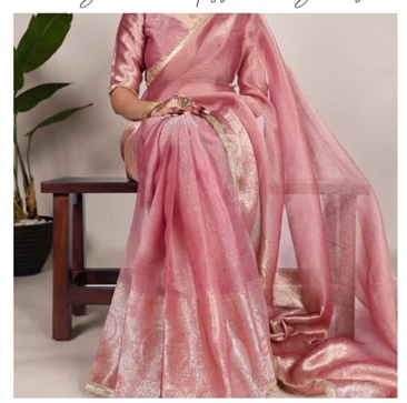 Blush Pink Shimmer Silk Saree with Gold Border | Party & Festive Wear