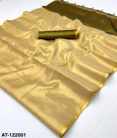 Golden Beige Tissue Silk Saree with Contrast Green Border | Elegant Party Wear