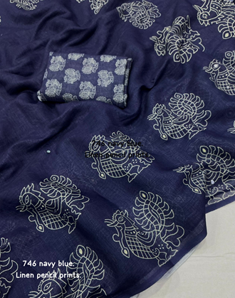 Navy Blue Cotton Saree with Warli Print & Contrast Blouse | Casual & Everyday Wear