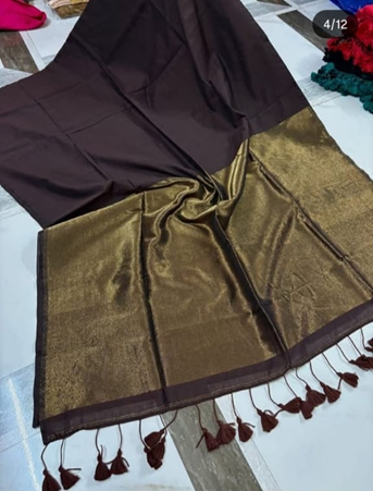 Dark Brown Cotton Saree with Golden Zari Pallu & Tassels | Traditional Handloom Style
