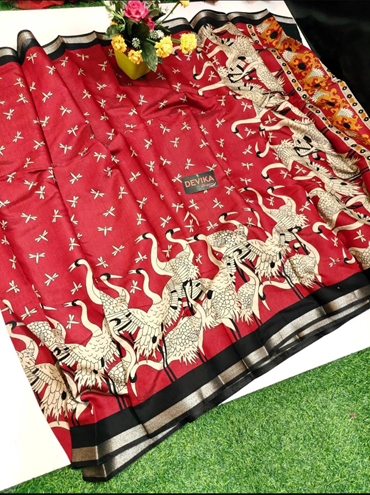 Red Linen Saree with Crane Bird Print & Contrast Border | Casual & Festive Wear Saree