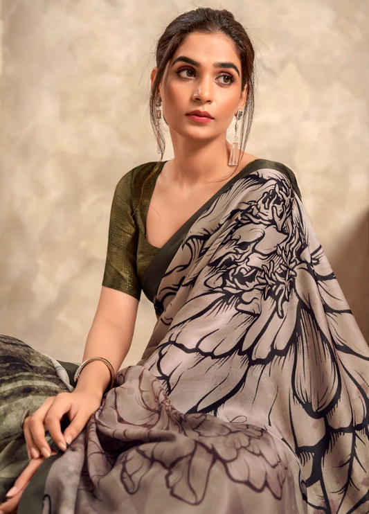 Olive Green Floral Unstitched Blouse and Soft Satin Silk Saree with Gradient Floral Design