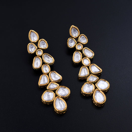 Arya | Gold & White Long Earrings with Traditional Polki Work for a Regal Charm