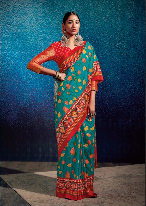 Teal Tussar Silk Kalamkari Saree with Patola Pallu and Gold Botanical Motifs