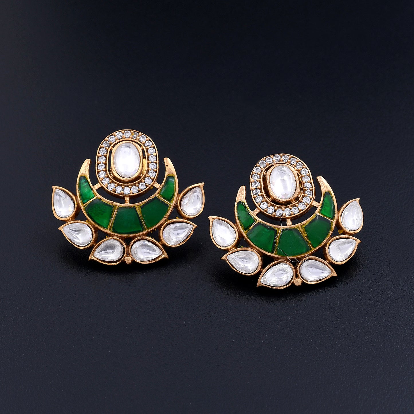 Shreya | Emerald Green Polki Stud Earrings with Gold Detailing for Regal Charm and Timeless Elegance