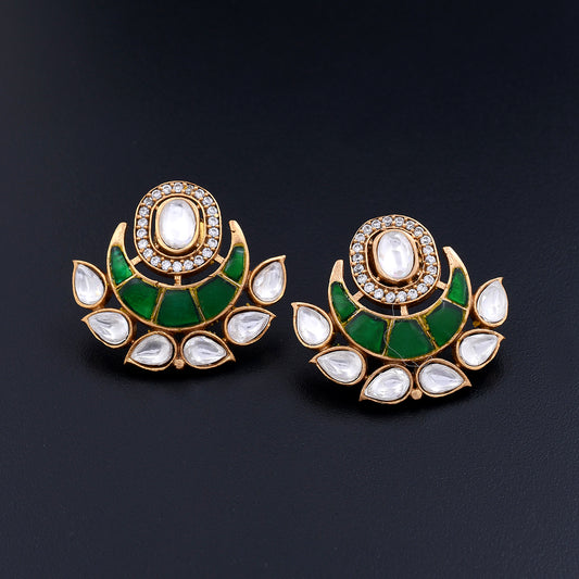 Shreya | Emerald Green Polki Stud Earrings with Gold Detailing for Regal Charm and Timeless Elegance