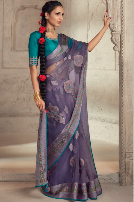 Navy Blue Brasso Silk Saree with Teal Floral Motifs and Metallic Detailing
