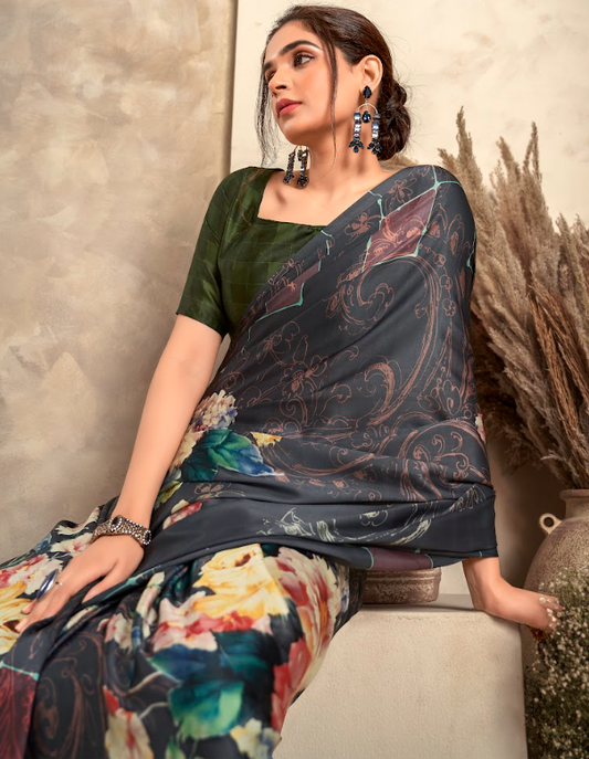 Olive Green Sattin Silk Saree with Nocturnal Floral Garden and Paisley Motifs