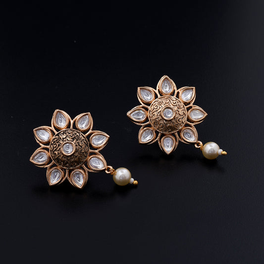 Suraj Mukhi | Lustrous Pearl Drop Earrings with Enchanting Meenakari Work and Traditional Polki Design