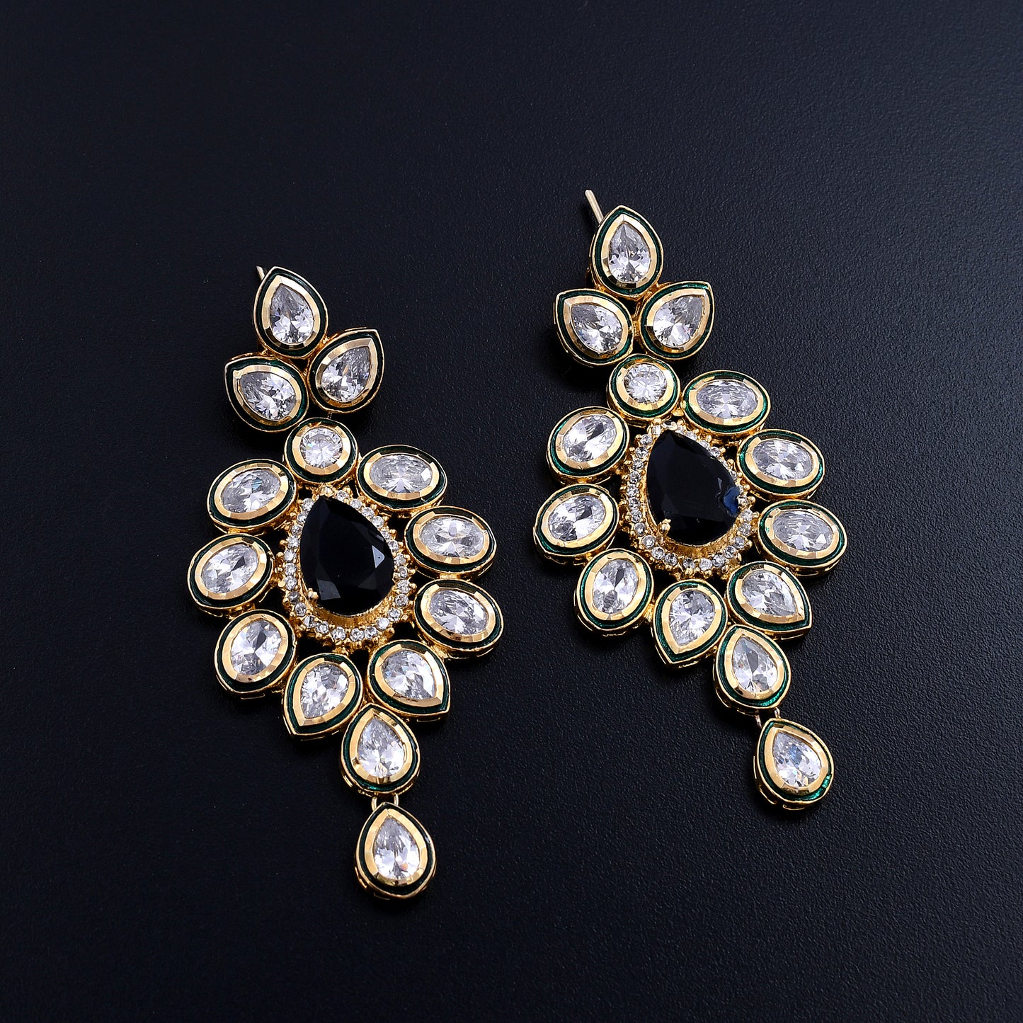 Meera | Exquisite Emerald Green Meenakari Floral Polki Earrings with Gold Trim for Regal Elegance