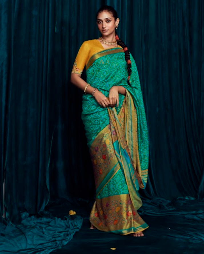 Turquoise Silk Saree with Mustard and Rust Motifs Gold Accents and Designer Soft Brasso Silk Blouse
