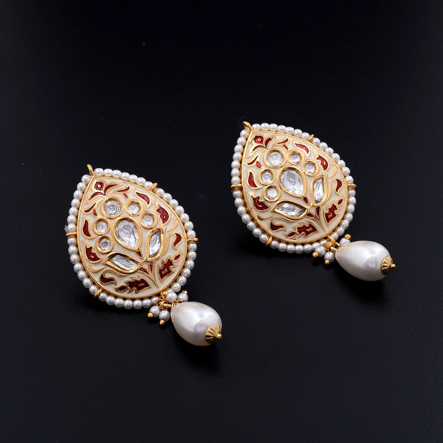 Aarohi | Ruby Red Meenakari Earrings with Pearl Drops and Polki Detailing for a Regal, Timeless Appeal