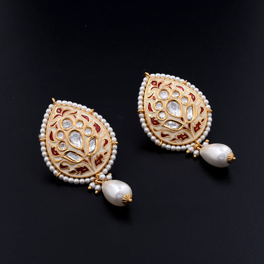 Aarohi | Ruby Red Meenakari Earrings with Pearl Drops and Polki Detailing for a Regal, Timeless Appeal