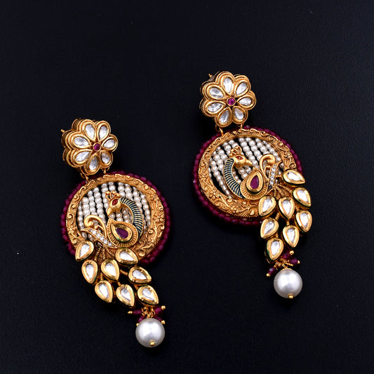 Morni | Ruby Red Peacock Polki Earrings with Traditional Beadwork and Lustrous Pearl Accents for Timeless Elegance