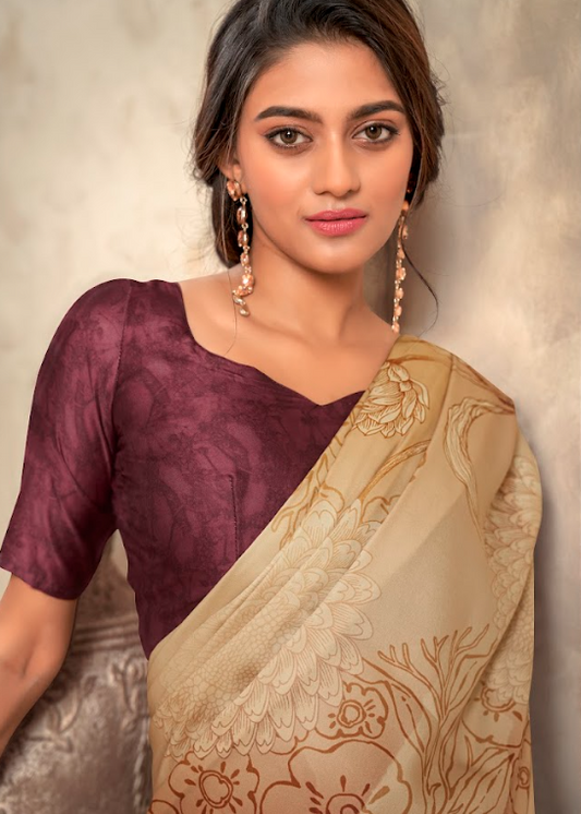 Wheat Gold to Deep Maroon Soft Satin Silk Saree with Nature-Inspired Zari Motifs