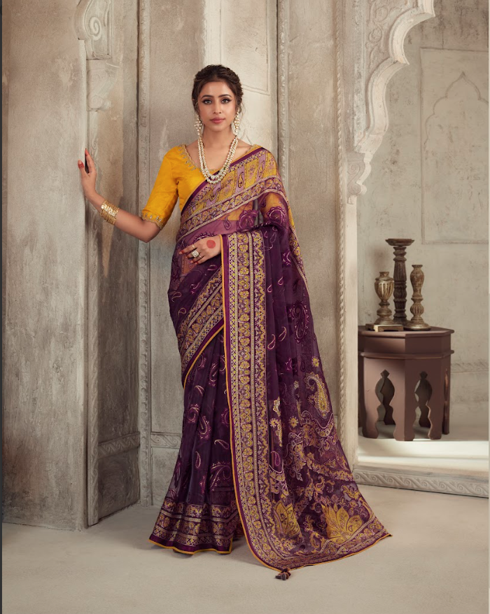 Deep Purple Brasso Saree with Golden Motifs and Vibrant Mustard Yellow Blouse Piece