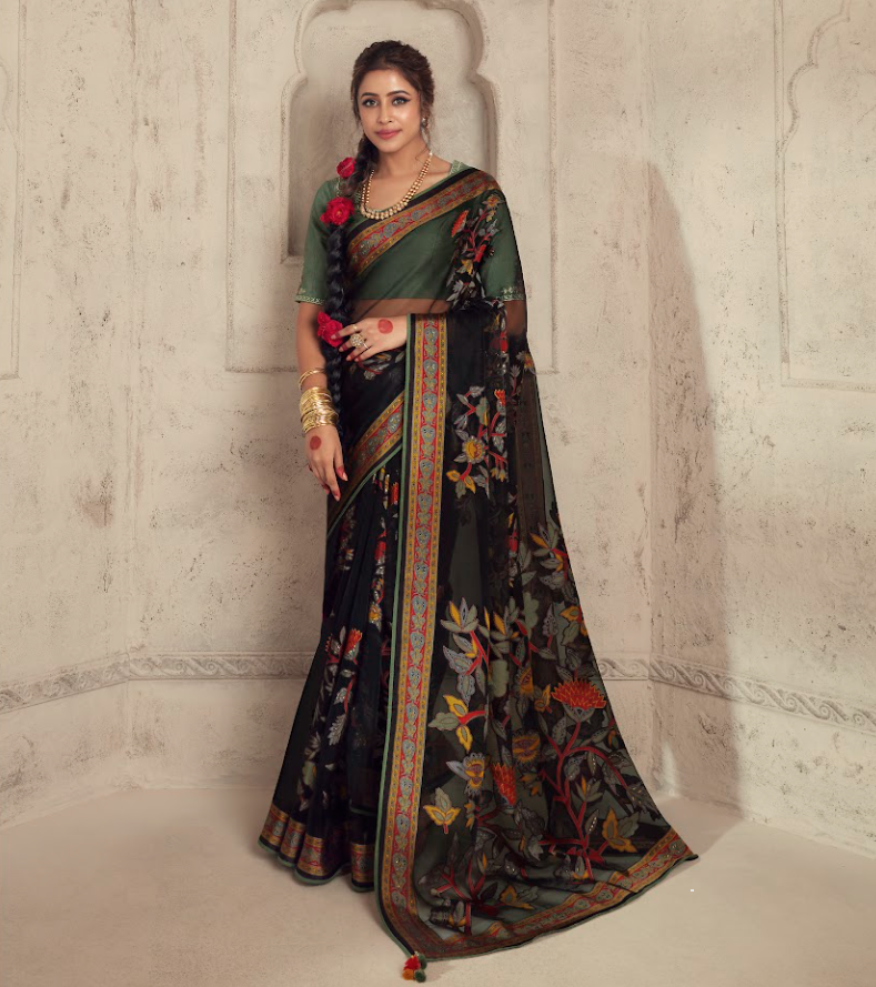 Emerald Garden Brasso Saree with Floral Kaleidoscope and Traditional Red-Green Border