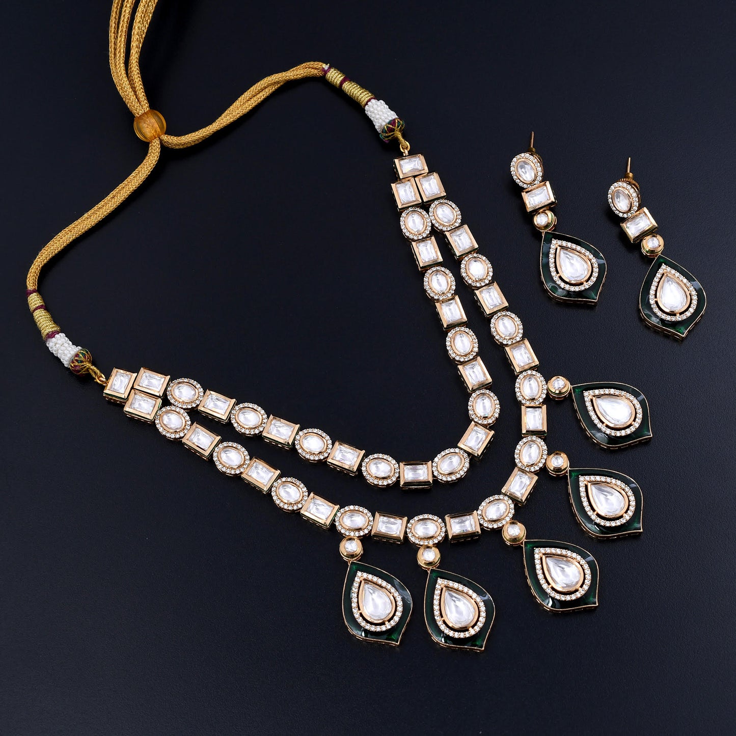 Maya | Emerald Enchantment Polki Necklace with White Stone Elegance and Green Enamel Grandeur