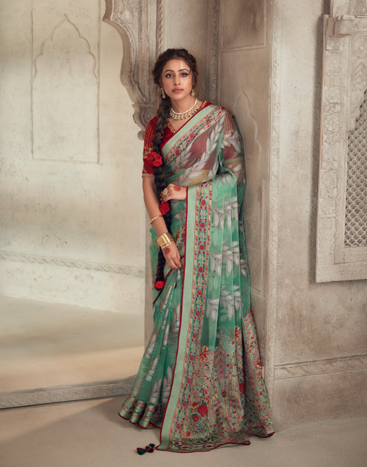 Ocean Serenity Pure Onyx Brasso Saree with Coral and Gold Detailing and Sea Green Blouse
