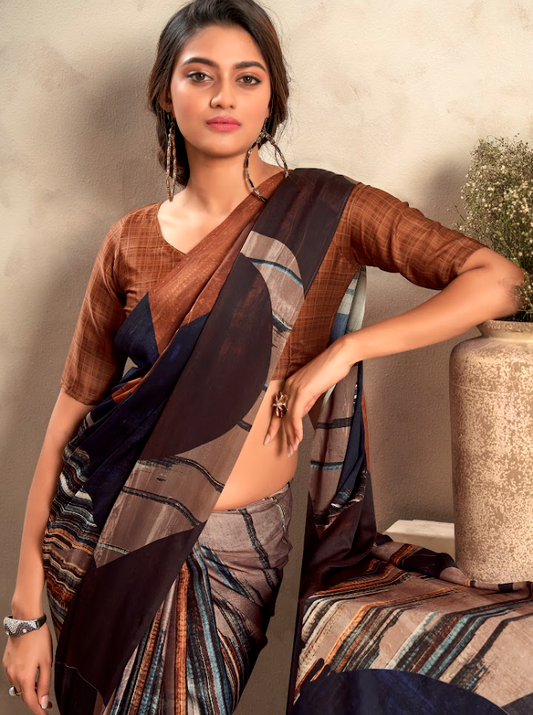 Russet Brown Tapestry Blouse and Satin Silk Navy Abstract Saree Ensemble