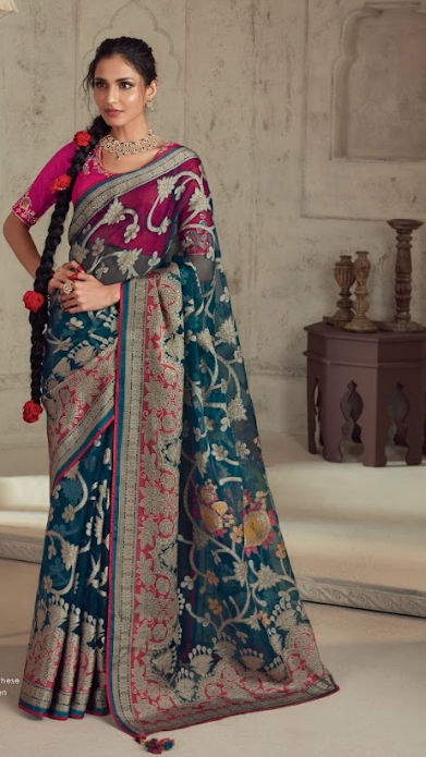 Teal and Burgundy Brasso Saree with Gold Accents and Traditional Ornate Border