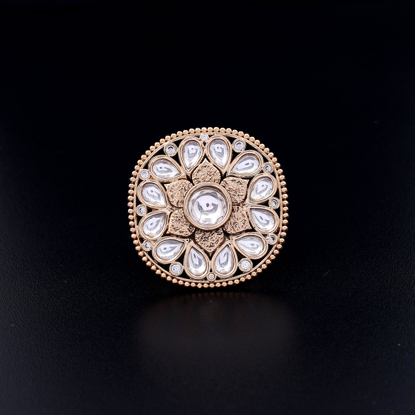 Kamya | Champagne Gold Meenakari Ring with Radiant Polki Inlay, Exuding Traditional Elegance and Cultural Splendor