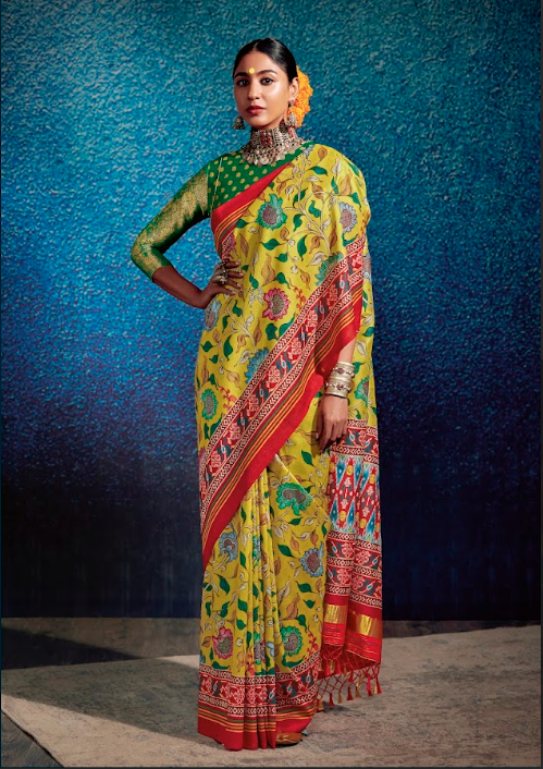 Marigold Yellow Tussar Silk Saree with Kalamkari Print and Elegant Patola Pallu