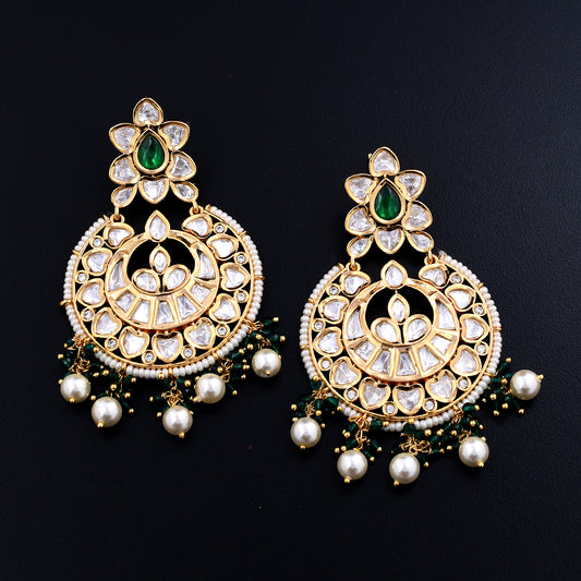 Sarika | Emerald Enchantment: Polki & Pearl Chandbali Earrings with Regal Allure for Grand Celebrations