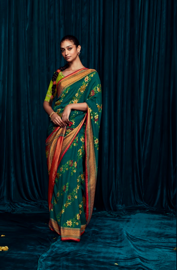 Forest Green Soft Brasso Silk Saree with Golden Yellow Floral Motifs and Crimson Gold Zari Border