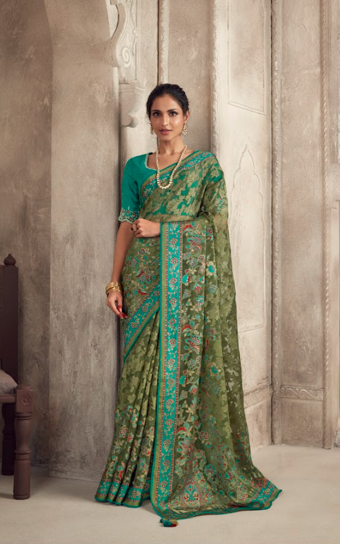 Olive Green Onyx Brasso Saree with Teal Border and Gold-Red Floral Motifs