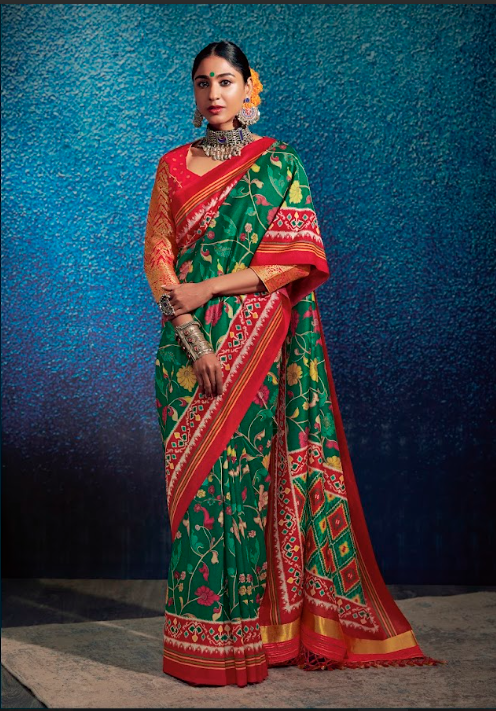 Emerald Elegance Tussar Silk Saree with Traditional Kalamkari and Vibrant Patola Pallu