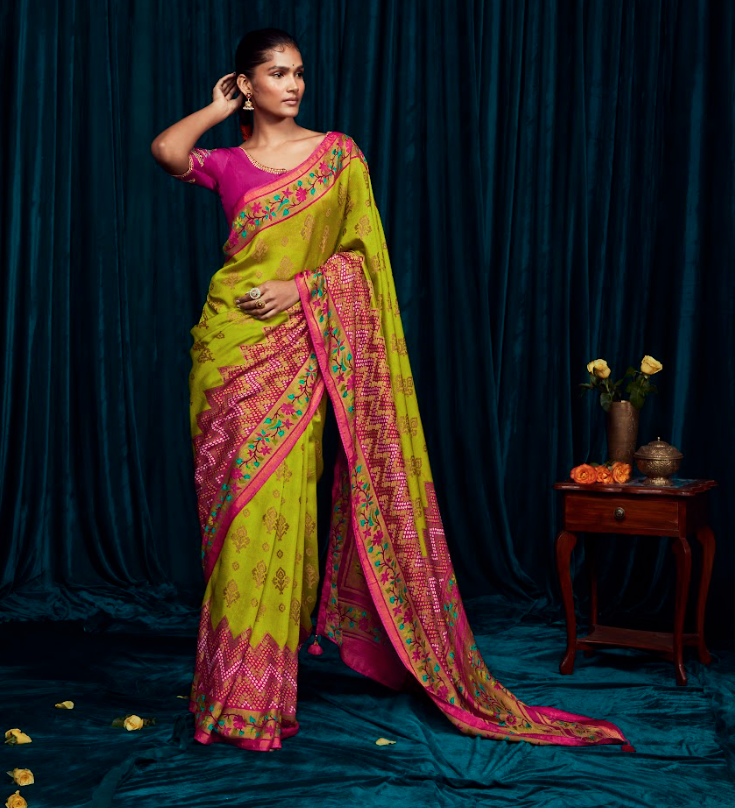 Chartreuse Green and Hot Pink Brasso Silk Saree with Turquoise Accents and Gold Pattern Designer Blouse