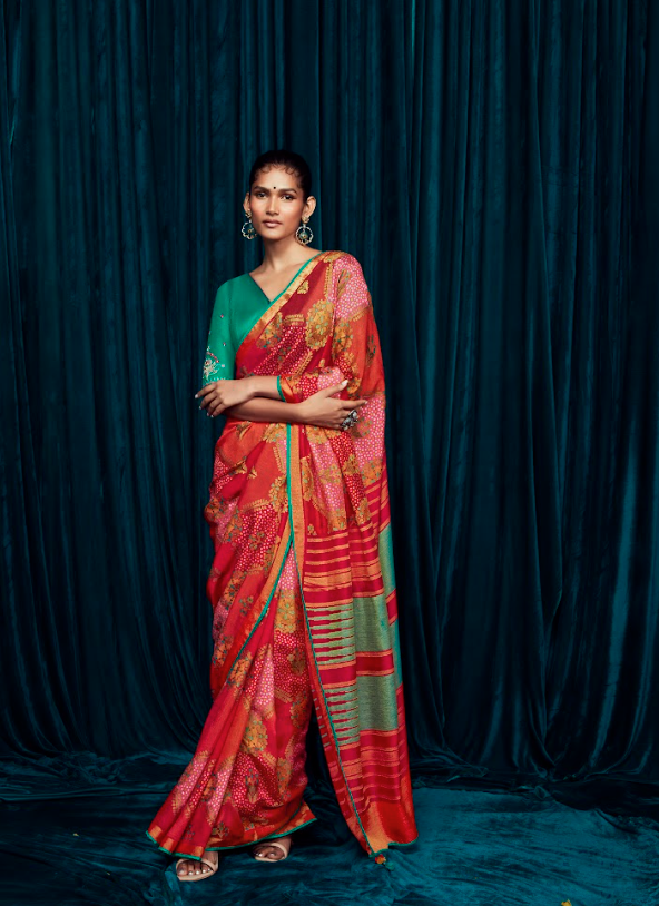 Vibrant Red Soft Brasso Silk Saree with Gold and Green Traditional Patterns and Designer Blouse