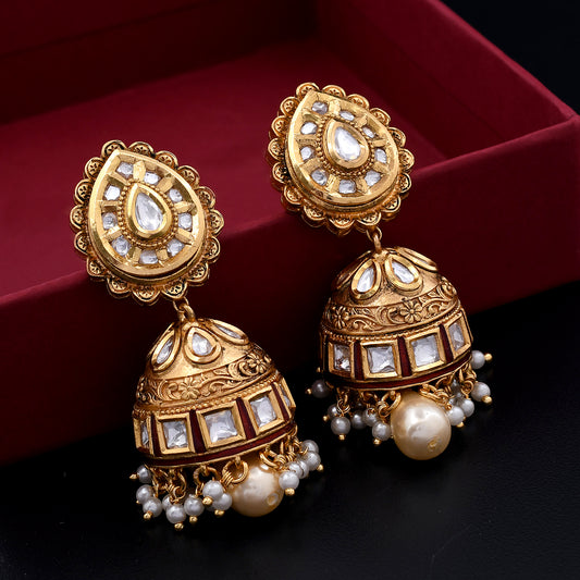 Tarini | Ruby Red Polki & Pearl Embellished Jhumkas with a Touch of Regal Elegance and Artisanal Charm