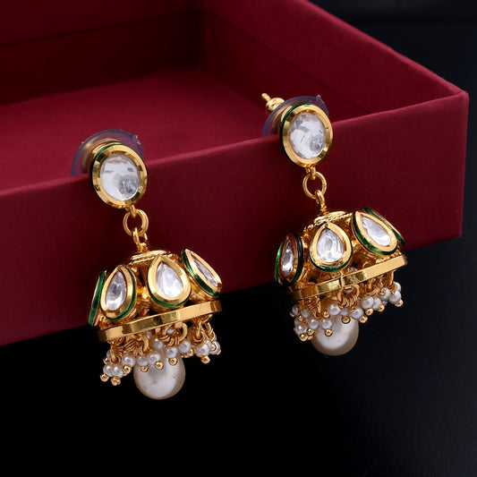 Nalini | Emerald Green & Gold Polki Jhumka Earrings with White Stone Embellishments and Pearl Accents for Regal Charm